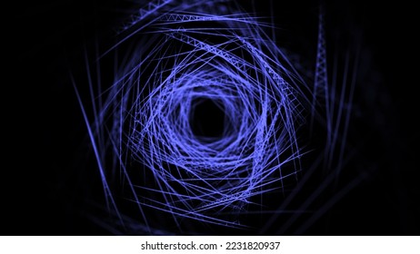 Abstract futuristic infinite tunnel. Dynamic wireframe, like a spider web. Fantazy fractal with lines. Wormhole portal. 3D rendering.