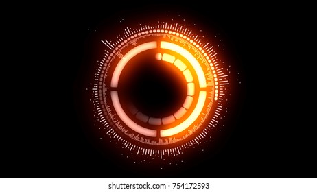 Abstract futuristic motion graphic round mechanism, created from several different parts, locked together, that glows with red and orange color.