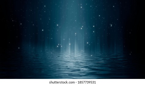 Abstract Futuristic Night Seascape Fantasy With Moon And Light Reflection In Water. Dark Natural Empty Stage, Neon Light, Background. 3D Illustration.