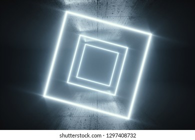 Abstract futuristic Sci-Fi with blue And white neon light shapes on black Background in fog. Reflective concrete with empty space for show or display. 3D Rendering - Illustration - Shutterstock ID 1297408732