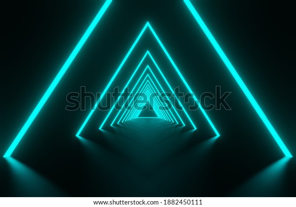abstract futuristic stream\
Digital data neon Glowing light triangle Tunnel background 3D\
rendering