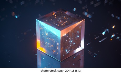 Abstract Futuristic Technology Cube. Сircuit Engineering Concept. 3D Render