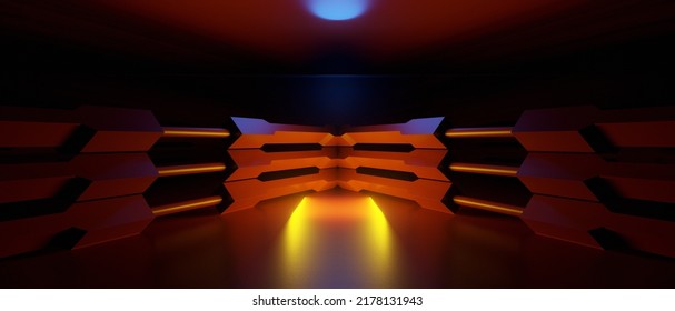 Abstract Futuristic Technology Retro Modern Spaceship Studio Showroom Gallery Concrete Asphalt Floor Hangar Tunnel Corridor Showcase Black Abstract Background Wallpaper 3D Render