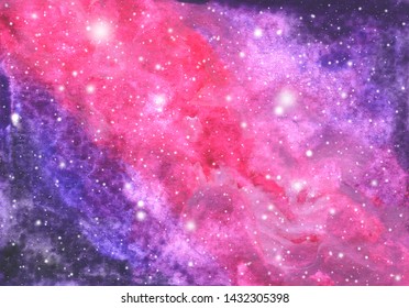Abstract galaxy painting. Watercolor Cosmic texture with stars. Night sky. Milky way deep interstellar. White stars splash. Colorful art space.