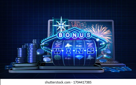 Abstract gambling concept image for casinos offering games with chance for players to trigger bonus wins. 3D rendered illustration showing, in wireframe style, casino game elements 