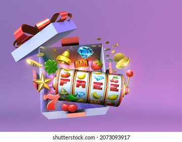 Abstract gambling concept image for mobile casinos offering free spins rounds on slot games. 3D illustration  with various slot symbols and coins flying out of an open gift box