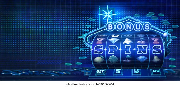 Abstract gambling concept image for online casinos offering free spins bonuses on slots games. 3D illustration showing, in wireframe style, computer generated slot reel, coins and a neon sign