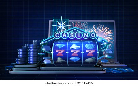 Abstract gambling concept image for online casinos offering for play a wide variety of slot games. 3D illustration with wireframe style computer generated 3-reel slot machine and a casino neon sign