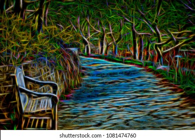 Abstract of garden path like a stream flowing between trees and wooden bench by retaining wall, with digital glow effect, for themes of night, dreams, alternate reality