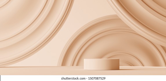 Abstract geometric background for branding and packaging presentation. Podium and circular molding on beige background. 3d rendering illustration.