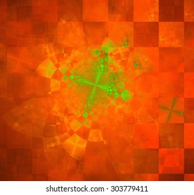 Abstract geometric background with columns and rows of squares and a star-like distorted pattern mixed in to, all in dark vivid glowing red and green