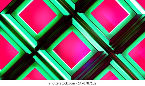 Abstract And Geometric Background Design. 3D Rendering In Vibrant Colors. The Grid Is Made Of Aligned Rhombuses. Those Form A Tacky Pattern. It's A Juvenile Design With Pink Elements.