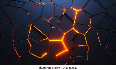 Abstract geometric background. Explosion power design with crushing surface. The fire shines through the cracked surface. 3d illustration.