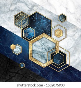 Abstract Geometric Background, Hexagonal Shapes. Modern Marble Mosaic Inlay, Art Deco Wallpaper. Geometrical Fashion Illustration. Blue Gold Black Honeycomb With Artificial Stone Texture.