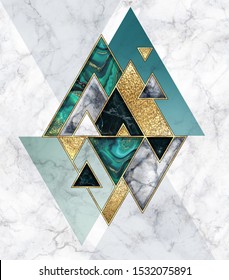abstract geometric background, modern marble mosaic inlay, malachite green triangles, black white stone textures, golden foil. Fashion marbling illustration, art deco wallpaper