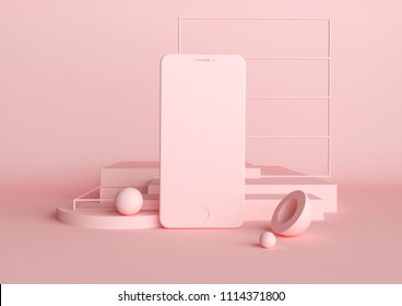 Abstract geometric background in pink color. Concept of modern smartphone in 3d render illustration. Fashion and trendy mockup with spheres and cubes. Empty space for design presentation.