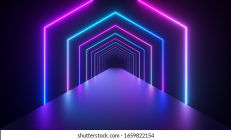 Abstract geometric background with rotating squares, fluorescent ultraviolet light, glowing neon lines, spinning tunnel, modern colorful blue red pink purple spectrum, 3d illustration