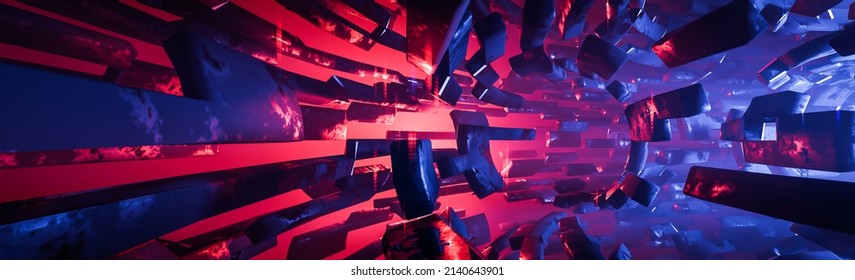 Abstract Geometric Background Sci-fi Construction Of Tube Or Space Station Blue Red Glowing Light.,3d Model And Illustration.