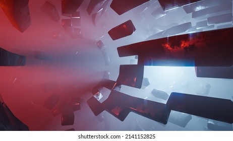 Abstract Geometric Background Sci-fi Construction Of Tube Or Space Station Blue Red Glowing Light.,3d Model And Illustration.