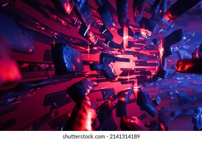 Abstract Geometric Background Sci-fi Construction Of Tube Or Space Station Blue Red Glowing Light.,3d Model And Illustration.