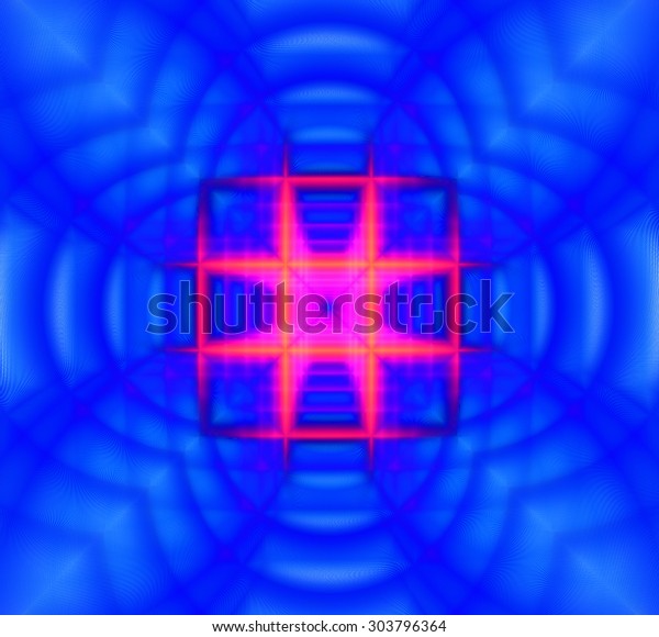 Abstract geometric\
background with a small square grid in the center with a descending\
pattern and surrounded by decorative arches, all in dark and bright\
vivid blue and\
pink
