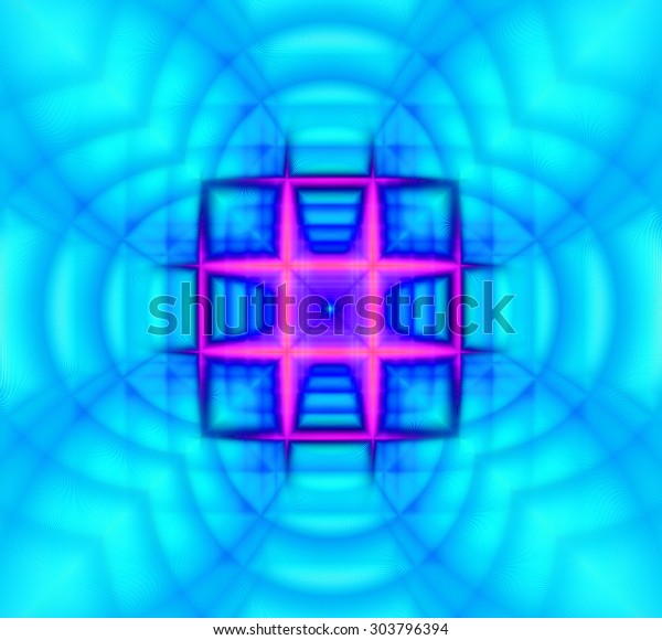 Abstract geometric\
background with a small square grid in the center with a descending\
pattern and surrounded by decorative arches, all in dark and bright\
vivid\
blue,purple,pink