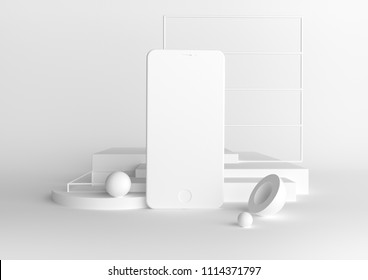 Abstract Geometric Background In White Color. Concept Of Modern Smartphone In 3d Render Illustration. Fashion And Trendy Mockup With Spheres And Cubes. Empty Space For Design Presentation.