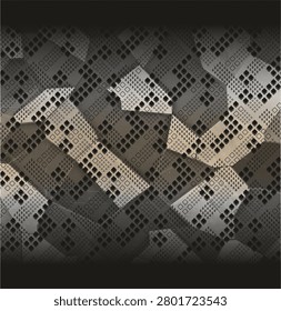 Abstract geometric camouflage pattern featuring layered grid textures and pixel inspired elements, suitable for sublimation printing, fashion textiles, apparel fabrics, upholstery, and surface design.