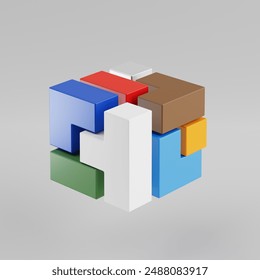 Abstract Geometric Compose of Colorful Blocks in Shape of Cube Logo Icon on a white background. 3d Rendering