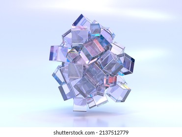 Abstract Geometric Composition Of Crystal Cubes Or Blocks, Round Holographic Sculpture Of Many Glass Clear Square Boxes, Chromatic Gradient Texture With Purple Refraction Light In Prism, 3d Render