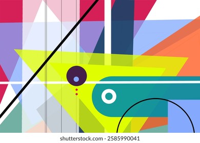 Abstract geometric composition featuring bold overlapping shapes, vibrant color blocks, dynamic layers, and sharp angles, creating a striking visual effect.