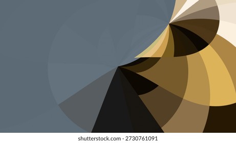 Abstract geometric composition featuring fluid, curved segments in a sophisticated palette of slate gray, ochre, and deep brown. Sweeping architectural shapes create a modern fan design.