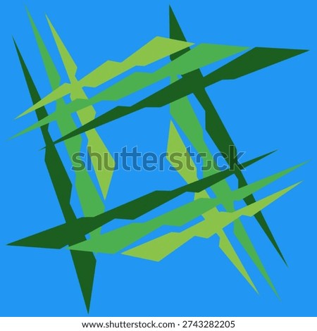 Abstract geometric composition with sharp jagged shapes in shades of green on a blue background. Vector illustration of dynamic movement and angular patterns