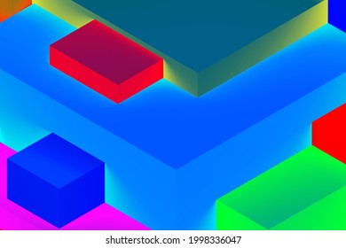 Abstract geometric cubic colorful  in neon lights background  isometric 3d render 