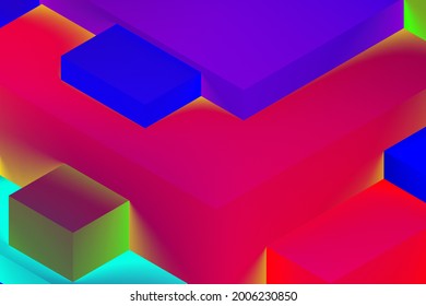 Abstract geometric cubic colorful  in neon lights background  isometric 3d render 