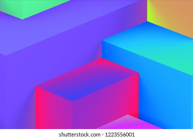 Abstract geometric cubic holographic colorful in neon lights background  isometric 3d render 