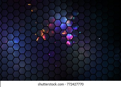Abstract geometric glass texture with blue, pink and orange sparkles. Fantasy hexagonal fractal design. Digital art. 3D rendering.