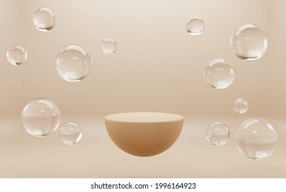 Abstract geometric hemisphere stage with clear water drops on beige background. Template golden podium with soap round bubbles shape for product ad presentation cosmetics. Realistic 3d illustration