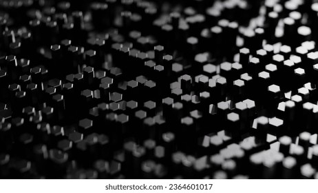 Abstract Geometric Hexagonal Background. Black Hexagons Surface 3D Rendering Illustration. Embossed Hexagon, Honeycomb Background. Dark Wallpaper.