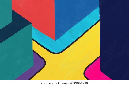 Abstract Geometric Painting. Oil Art With Geometric Figure And Primary Colored, Wallpaper By Art, Illustration, Cubism And Abstraction. Painting With Deep Color. Illustration For Art Print.