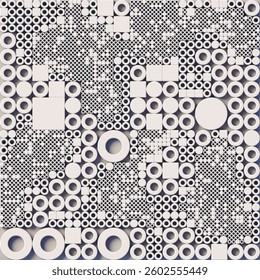 Abstract geometric pattern consisting of many white circles and squares of different sizes. Parametric design style composition with procedural generation elements. 3d rendering