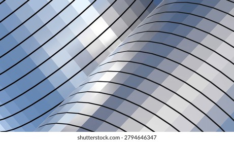 Abstract geometric pattern of curved metallic panels with blue sky reflection, futuristic 3D rendering