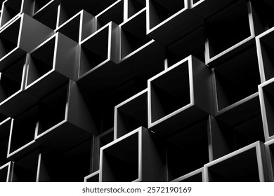 Abstract geometric pattern design with black cubes and negative space. 3d render..