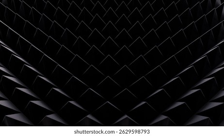 Abstract geometric pattern featuring repetitive triangular shapes forming a symmetrical and seamless arrangement. The design creates a sense of depth and dimensionality