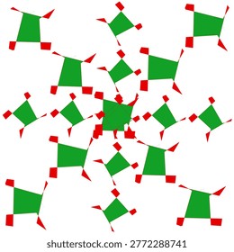 An abstract geometric pattern featuring vibrato green and red quadrilateral skapes scattred across a white cakground.The design has a dynamic ,modern feeling,resembling a fragmented or tessellated mosaic.