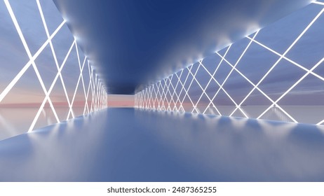 Abstract geometric pattern of glowing white neon squares in interior background 3d rendering
