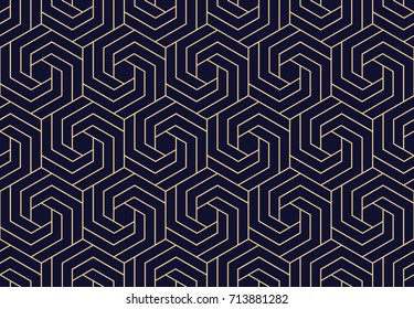 Abstract Geometric Pattern With Lines, Rhombuses A Seamless Background. Dark Blue And Gold Texture.