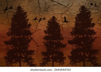 "Abstract geometric patterns blend seamlessly with natural elements forests, creating a harmonious fusion of symmetry and organic beauty in calming earth tones."