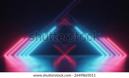 Abstract geometric patterns formed by glowing neon light lines in blue and pink hues