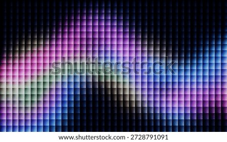Abstract geometric pixel grid with vibrant rainbow wavy light effect on dark background. Modern blurred square pattern with glowing colorful spectrum and sleek digital tech backdrop.